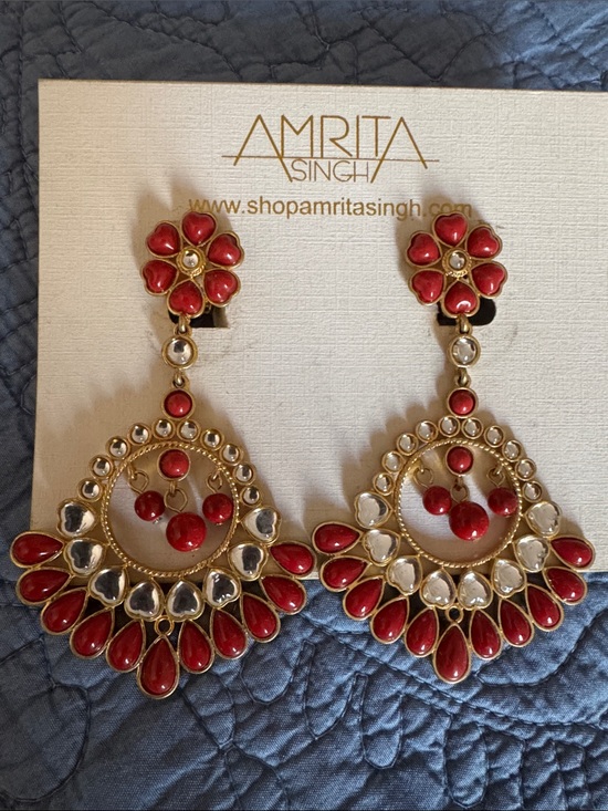 Amrita Singh Jewelry - Amrita Singh Red and Gold Enamel Kundan Chandbali Earrings